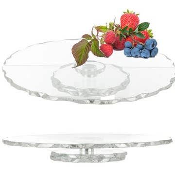 Patera obrotowa szklana na tort glamour taca 33 cm srebrne zdobienia