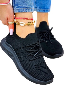 Lekkie Adidasy Czarne Buty Sportowe z Lycry Elastyczne Fit 39