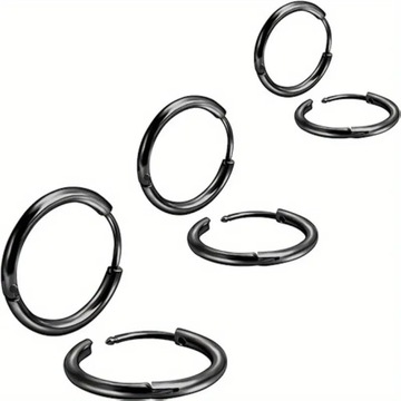 KOLCZYKI MĘSKIE CZARNE 3 PARY 8,10,12 mm STAL CHIRURGICZNA