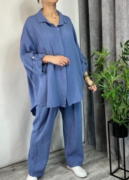 KOMPLET MUŚLINOWY KOSZULA SPODNIE 100% BAWEŁNA BLUE PLUS SIZE UNI 46-56