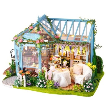 Miniaturowy domek DIY Różana herbaciarnia Ogród Kwiaty Słońce Oranżeria