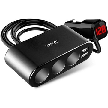 ROZGAŁĘZIACZ ZAPALNICZKI 3XGNIAZDO 2XUSB MIERNIK NAPIĘCIA KABEL 55cm