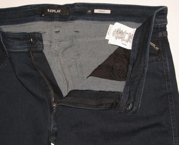 REPLAY ANBASS Granatowe dopasowane jeansy Slim Stretch spodnie W38 L32
