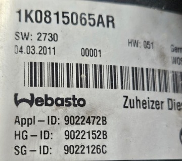 VW GOLF TOURAN PASSAT Дополнительный отопитель Webasto 1K0815065AR