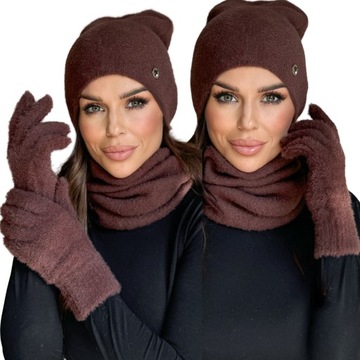 KOMPLET DAMSKI CZAPKA KOMIN RĘKAWICZKI ZESTAW CIEPŁY ALPAKA PL BRĄZOWY 2911
