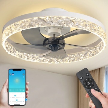 Lampa Sufitowa LED z Wentylatorem CRYSTAL Biała 60W 3 Barwy APKA + Pilot