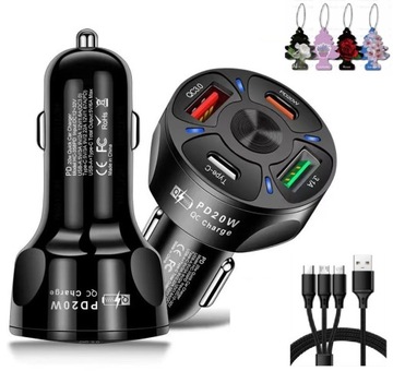 БЫСТРОЕ АВТОМОБИЛЬНОЕ ЗАРЯДНОЕ УСТРОЙСТВО 4xUSB QC PD + КАБЕЛЬ