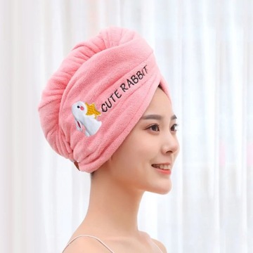 Cute Animal Embroidery Absorbent Shower Cap Coral