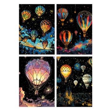 4x Zestaw rysunków papierowych do rysowania z efektem nocnego widoku Czarny balon na ogrzane powietrze