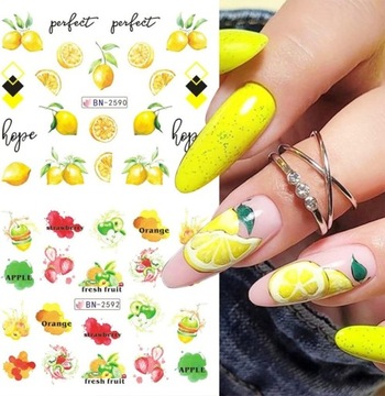 ВОДНЫЕ НАКЛЕЙКИ для украшения ногтей, лист из 12 рисунков, летние фруктовые украшения