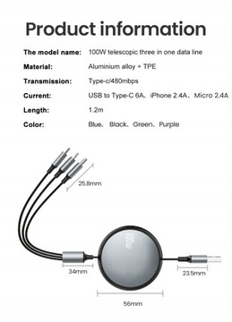 USB-кабель для быстрой зарядки данных 3 в 1 для iPhone