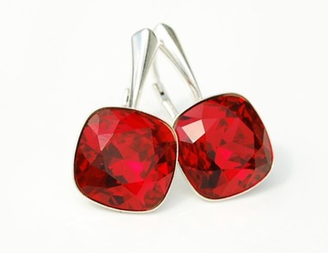 Kolczyki jak diamenty kryształ square Swarovski 925 CZERWIEŃ W SREBRZE