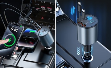 ŁADOWARKA WYSUWANA SAMOCHODOWA OBROTOWY 120W ZAPALNICZKA USB-C Z KABLE 4W1