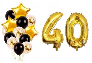 ZESTAW BALONY 40 URODZINY czterdziestka konfetti złote czarne balonów hel