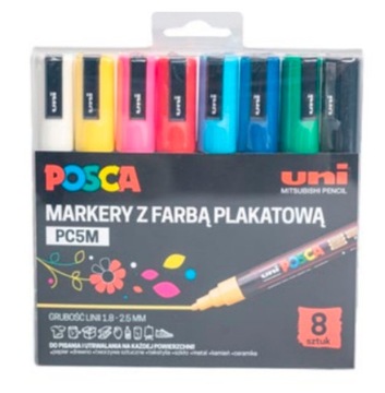 Markery z farbą plakatową UNI POSCA PC-5M, 8 szt w etui