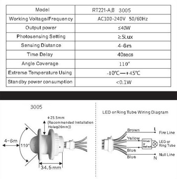 Датчик движения Датчик PIR-зонд 230 В 40 мм светодиод