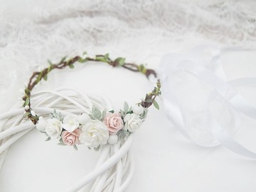 Венок на голову РОЗА, повязка на голову для причастия, бело-розовый