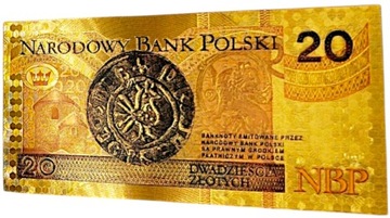 Красивая коллекционная позолоченная банкнота из ПВХ номиналом 20 злотых BOLESŁAW CHROBRY