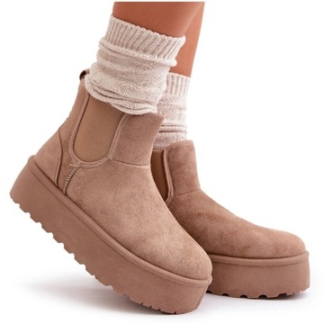 ŚNIEGOWCE DAMSKIE EKO ZAMSZOWE NA PLATFORMIE OCIEPLANE CIEMNOBEŻOWE 37