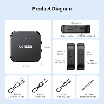 UGREEN Adapter Bluetooth 5.2 jack do słuchawek takich jak Airpods 2 w 1