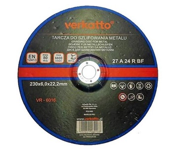 DUŻA TARCZA DO SZLIFOWANIA METALU 230X6,0X22,2mm NA SZLIFIERKĘ VERKATTO