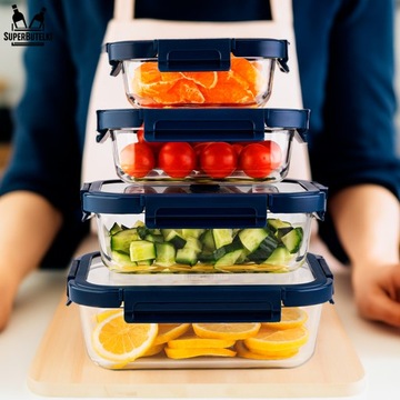 4 SZT POJEMNIKI PRÓŻNIOWE NA ŻYWNOŚĆ SZKLANY ZE SZKLANĄ POKRYWKĄ ZESTAW 4x