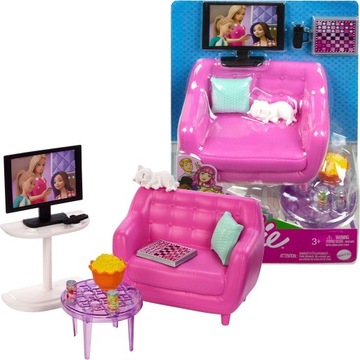 BARBIE MEBELKI DLA LALKI SOFA TELEWIZOR KOTEK AKCESORIA WIECZÓR FILMOWY