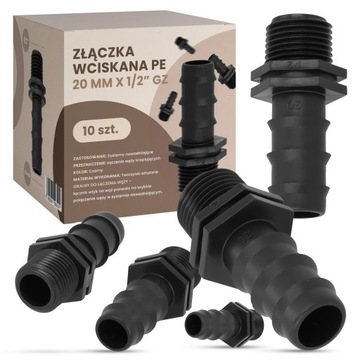 10x Złączka PE 20x1/2 GZ Wciskana Wtyk ŁĄCZNIK WĘŻA Rur Systemu Nawadniania