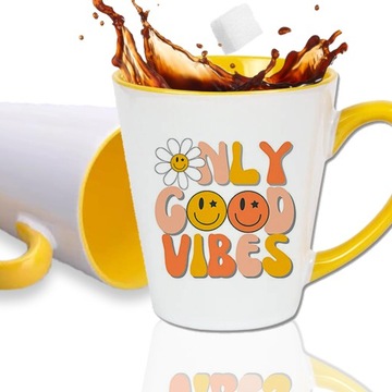Kubek Żółty Latte Na Prezent ONLY GOOD VIBES Wzory