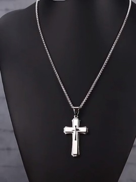 БОЛЬШОЙ СЕРЕБРЯНЫЙ КУЛОН-КРЕСТ НА СТАЛЬНОЙ ЦЕПИ