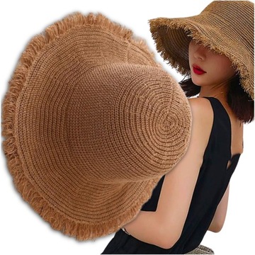 Kapelusz beżowy słomiany przeciwsłoneczny damski słomkowy LETNI PLAŻOWY Hat