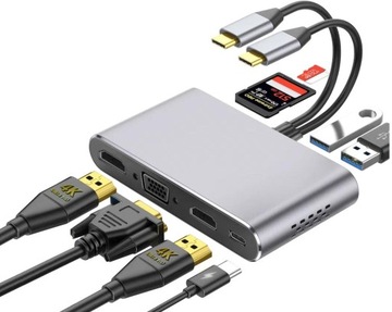 Adapter Macbook Pro 8 w 2 HUB USB-C HDMI SD 4K VGA Multiadapter