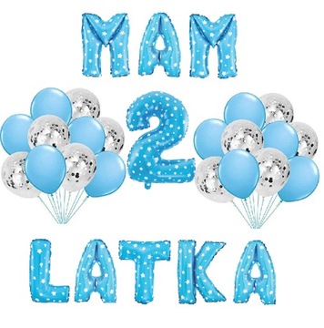 Zestaw BALONY cyfra 2 LATKA urodziny niebieskie