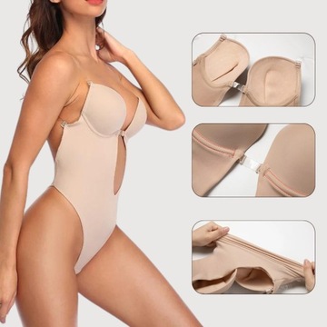 ЖЕНСКИЙ БОДИ ПОД ПЛАТЬЕ, БЮСТГАЛТЕР, МОДЕЛИРУЮЩИЕ СТРИНГИ, БОЛЬШОЙ ВЫРЕЗ, БЕЖЕВЫЙ M