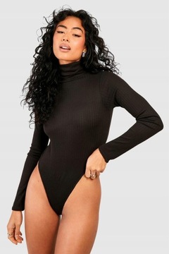 Boohoo NG2 sbw czarne body z długim rękawem prążki golf stringi M