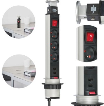 GNIAZDO CHOWANE W BLAT NABLATOWE PRZEDŁUŻACZ + 2 USB 3 GNIAZDKA PRZEWÓD 2M