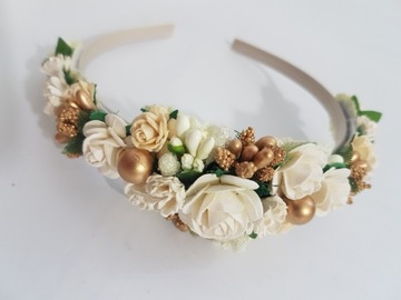 OPASKA KWIATY ECRU+ZŁOTO KOMUNIA RÓŻYCZKI