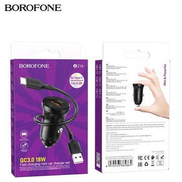 Быстрое автомобильное зарядное устройство QC3.0 3A 18W + кабель USB Type C USB-C 1M