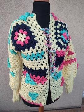 Sweter handmade boho hippie na szydełku kwiaty