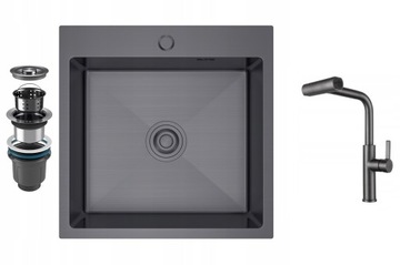Zlew Stalowy ciemny Grafit PVD 46x45 Syfon + bateria multifunkcyjna