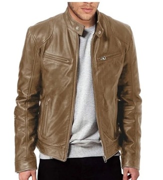 Fashion Mens Leather Jacket Slim Fit Stand Collar