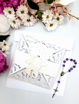 ZAPROSZENIA CHRZEST CHRZCINY AŻUROWE ORIGAMI BIEL