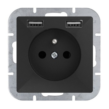 Gniazdo 230V + ładowarka 2xUSB Perła - czarny mat