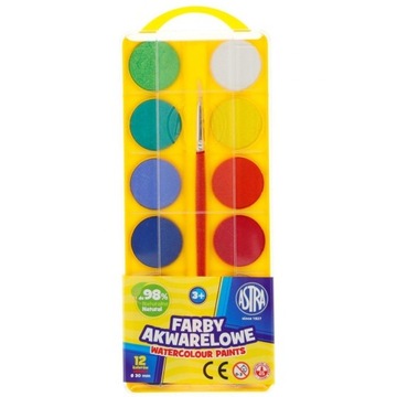 FARBY AKWARELOWE ASTRA 12 KOLORÓW PASTYLKA 30 MM + PĘDZELEK