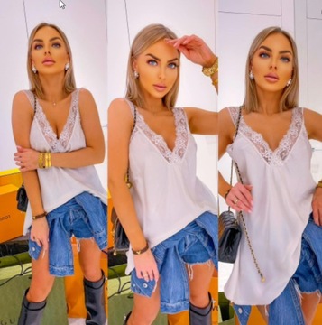 BLUZKA DAMSKA TOP SATYNOWY Z KORONKĄ