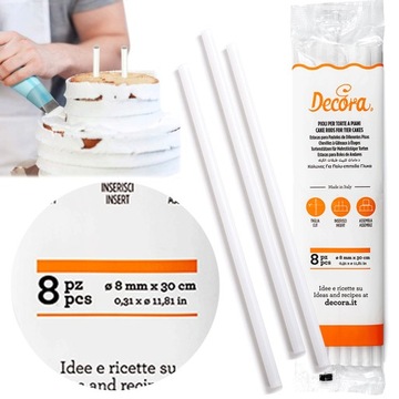 WYTRZYMAŁE MOCNE WSPORNIKI DO TORTU PIĘTROWEGO DŁUGIE 0,8x30cm DECORA 8 SZT