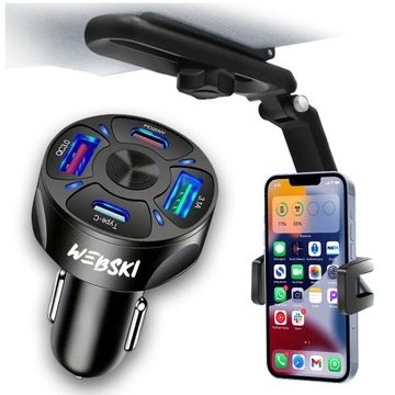 UCHWYT HOLDER DO AUTA NA TELEFON OSŁONĘ PRZECIWSŁONECZNĄ + ŁADOWARKA 4USB-C