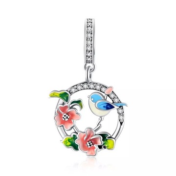 Charms Srebro 925 Kwiaty i Ptak Kolorowe Zawieszka