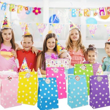 20X TORBA ZAMYKANA PREZENTOWA CUKIERKI URODZINY DZIECKA KOLOROWE +NAKLEJKI