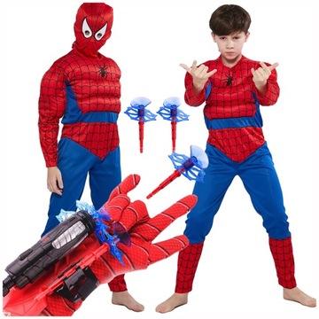 SPIDERMAN STRÓJ KARNAWAŁOWY PRZEBRANIE MIĘŚNIE MASKA + WYRZUTNIA 122 / 128